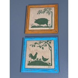 Vintage Dina Farmhouse Cross Stitch Wall Art Set Pig Rooster Burlap Wood Frames